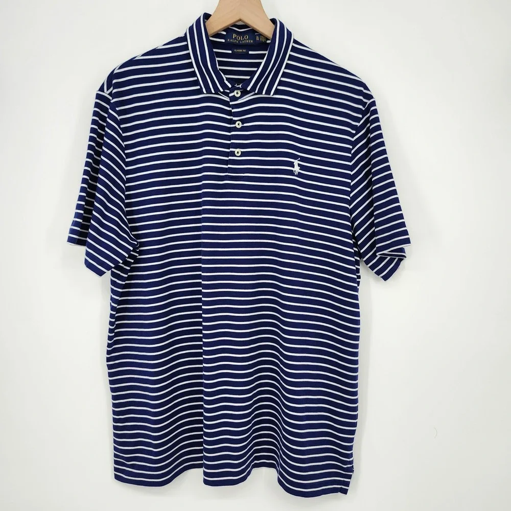Polo Ralph Lauren Navy Striped Polo Shirt Mens XL Cotton Nantucket Prep Pony